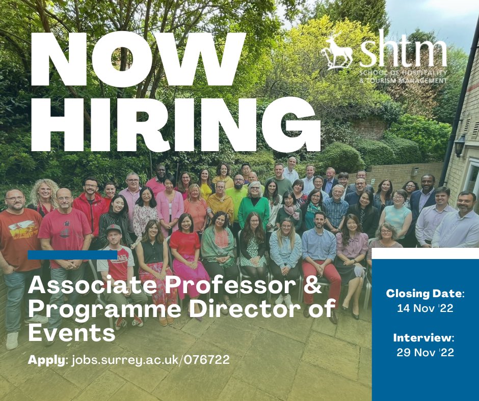 We are hiring! Seeking an excellent academic for Associate Professor & Programme Director of #Events #EVENTSatSurrey Apply now👇 jobs.surrey.ac.uk/Vacancy.aspx?r…