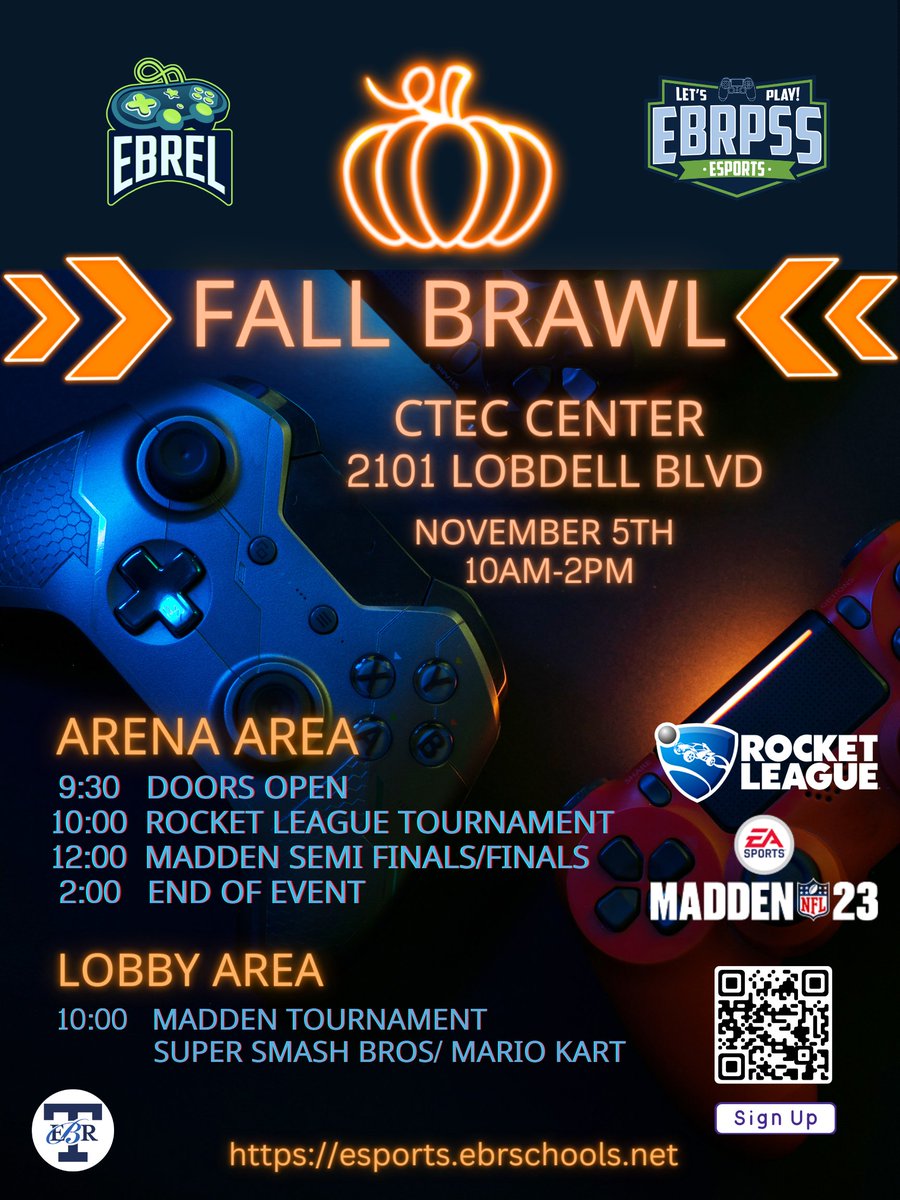 EBRPSSeSports's tweet photo. Fall Brawl is 15 days away. EBR students if you want a chance to join the Madden Tournament, use the QR code below. There are limited spots available.
#esports #esportsedu #rocketleague #MaddenNFL22 #batonrouge #WeAreEBR https://t.co/mUkOySXKGZ