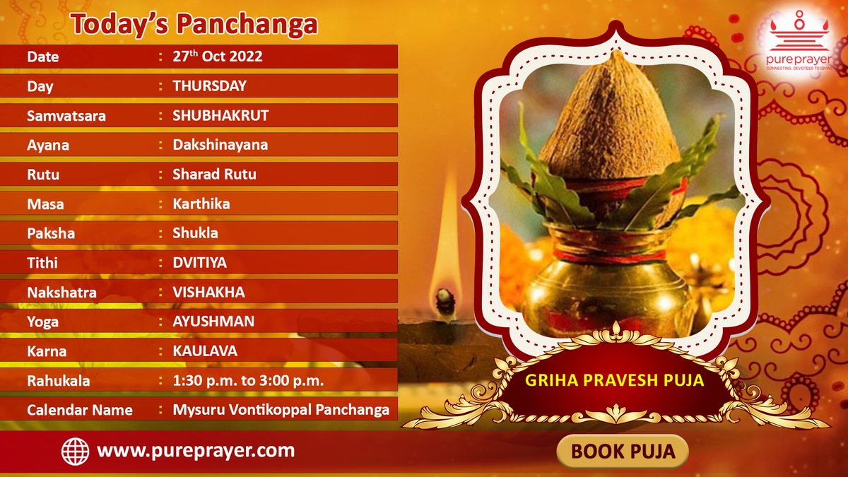 pureprayer_nrrs's tweet photo. Today's Panchanga
Book & Perform Griha Pravesh Puja with PurePrayer App.
https://t.co/ByEFJz6Km4 or call us on +91 8151002255, WA No: +91 9606052956 to learn more about booking online Pandits/Purohits for all Pujas.
#pureprayer #grihapraveshpuja #housewarmingceremony https://t.co/qphKnZd4EE