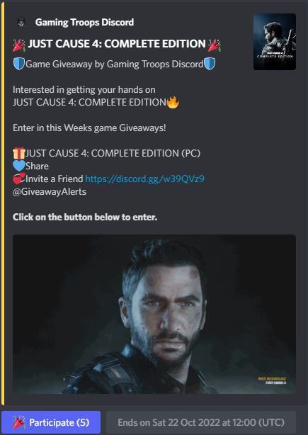 gaming_troops's tweet photo. 🛡️#Game #Giveaway by Gaming Troops #Discord
            LAST DAY to PARTICIPATE 

JUST CAUSE 4: COMPLETE EDITION (PC)🔥

Enter By Clicking on the Link Below 
https://t.co/uYjP6ID2KN…

🎁#Steam Key 
💙Share
💞Invite a Friend 
Ends 10/22
#Giveaways  #PC #gamer #Games #gaming #fun https://t.co/yQNc9Kkiz2