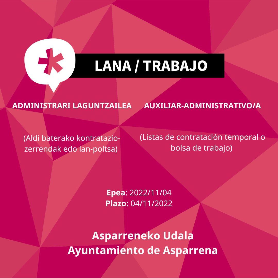 #laneskaintza #ofertadeempleo 👉Administrari laguntzailea (Aldi baterako kontratazio-zerrendak edo lan-poltsa) 👉Auxiliar-administrativo/a (Listas de contratación temporal o bolsa de trabajo) 📌Asparreneko Udala 📆04/11/2022 🔗bit.ly/3F0zodj #DFAlava