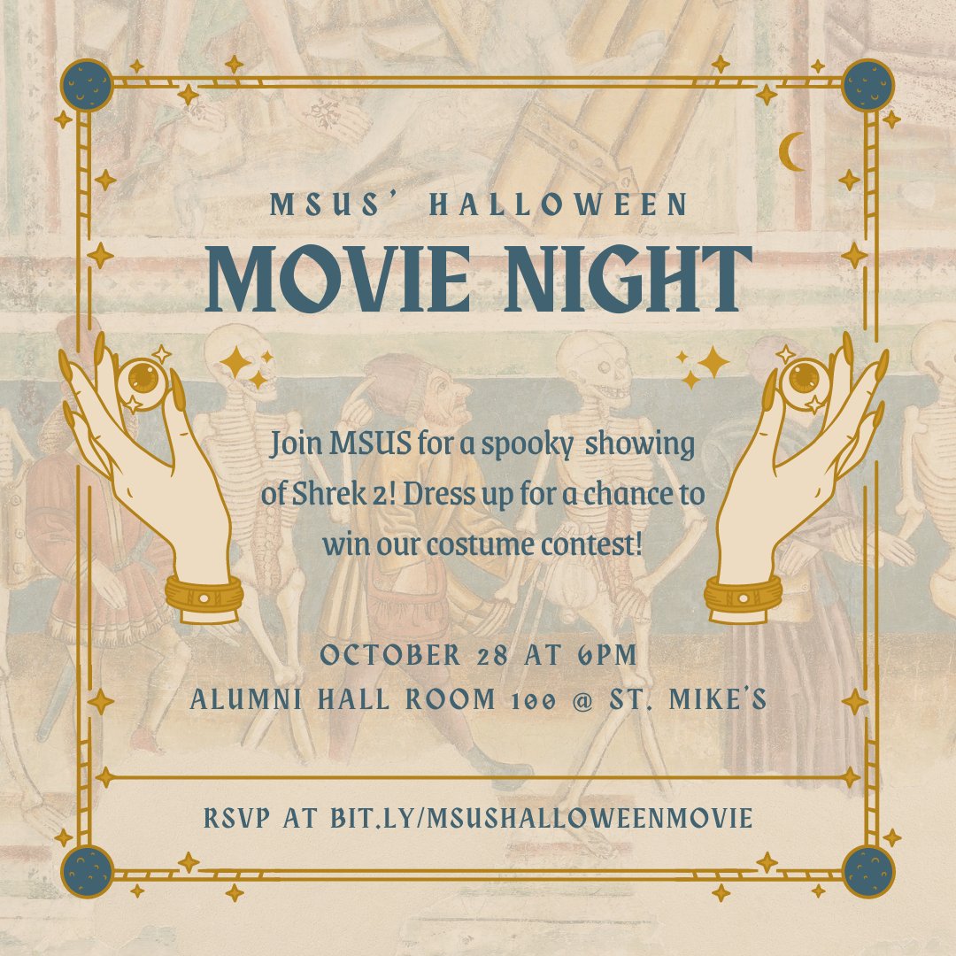 MedievalToronto's tweet photo. 🎃 Happy spooky season! 🎃 Celebrate an early Halloween with us on Friday October 28th to watch Shrek 2 in Muzzo Family Alumni Hall! 👑 Join us for a night of peak cinema and enjoy some free pizza and Halloween candy! 

RSVP here  https://t.co/NQxbVn6xj4 ! https://t.co/u5hSdSXfS3