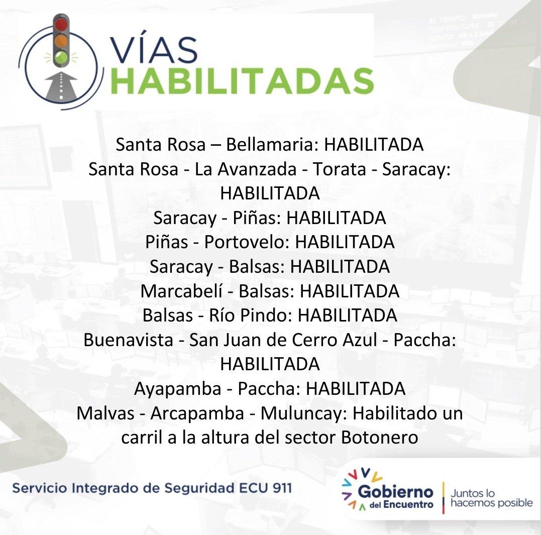 ECU911Machala1's tweet photo. #VíasECU911 🛣 Informamos el estado de las vías de acceso a la provincia de #ElOro.

Por favor conduzca con precaución y respete las señales de tránsito. https://t.co/hQWnkmc6gC