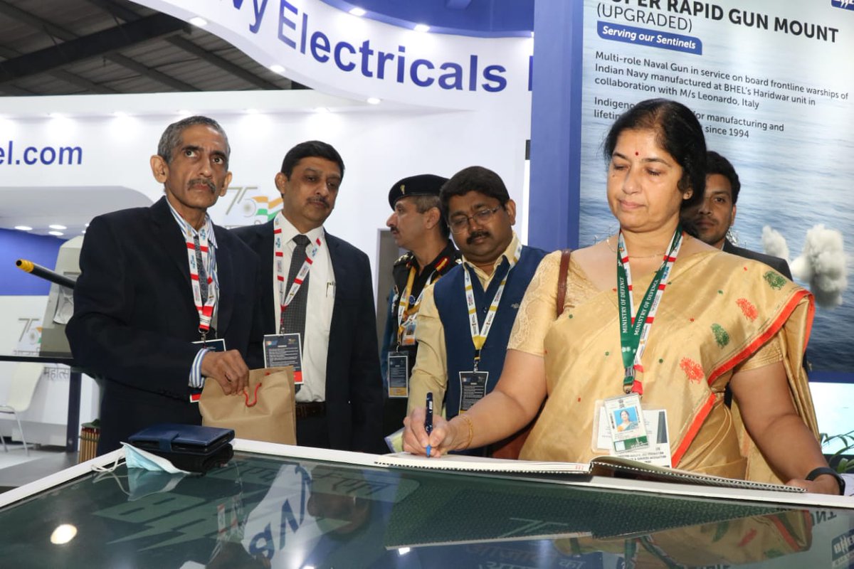 BHEL_India's tweet photo. Key dignitaries who visited #BHEL's Pavilion on Day 03 at #DefExpo2022 included Air Chief Marshal VR Chaudhari PVSM AVSM VM ADC; Vice Admiral SN Ghormade, PVSM, AVSM, NM, ADC &amp; Dr. Chandrika Kaushik, Outstanding Scientist &amp; Director General(PC &amp; SI), DRDO. 1/2
@DrMNPandeyMP https://t.co/MARo7NtcyJ
