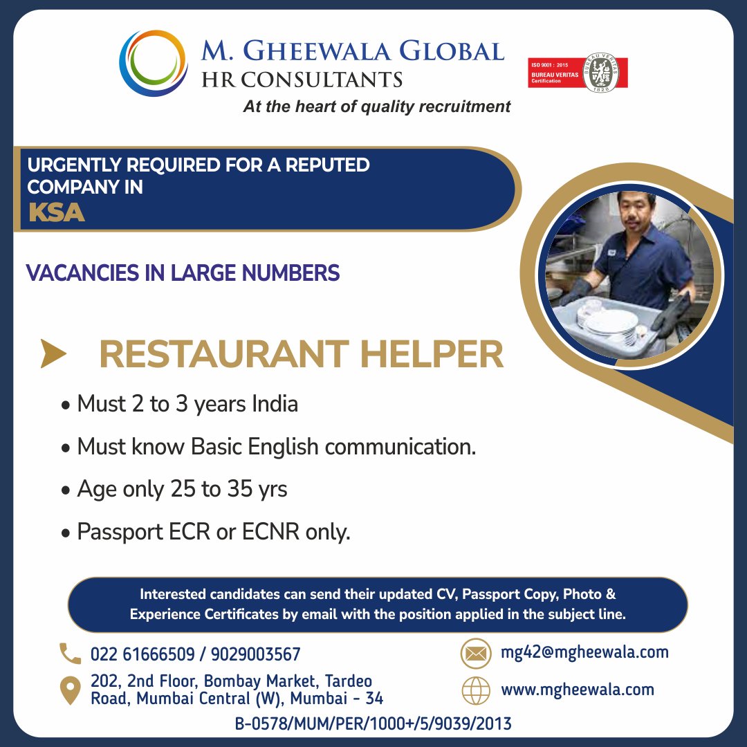 mgheewala_hrc's tweet photo. Job Vacancies for #SaudiArabia
Interested Candidates can send the updated resume to mg42@mgheewala.com
Learn More https://t.co/Ps4bxvjpD1
#helper #restauranthelper #hotelhelper #hoteljobs #restaurantjob #indianhelper #largevacancy #saudivacancy #jobsinsaudi #saudijobs https://t.co/gNiF7jERzK