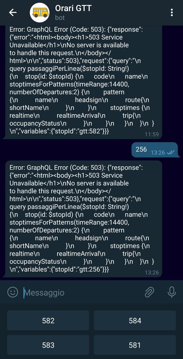 carmelolg's tweet photo. @GTT_Torino da qualche ora avete l'API che fornisce gli orari al bot Telegram in 503. https://t.co/2Vx7KsSU0y
