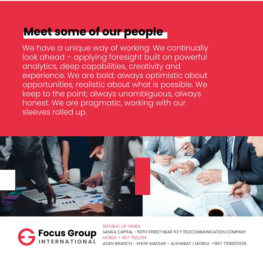 FocusGIcom's tweet photo. Meet some of our people
We have a unique way of working. We continually look ahead – applying foresight built on powerful analytics, deep capabilities, creativity and experience. We are bold; always optimistic about opportunities, realistic about what is possible. 
#Focus_Group https://t.co/PYFcRMRqZE
