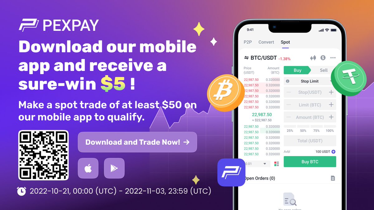 Pexpay_official's tweet photo. 💰Sure win rewards up for grabs!

🔥Make a $50 Spot trade on #Pexpay mobile app and win a guaranteed $5.

📱Screenshot your Spot order and post to get an extra chance of $5!

🚀Download app now:
iOS ➡️https://t.co/jM7fMZinfs
Android ➡️https://t.co/SXSrq4XbkY https://t.co/oDRy9tT4Dl