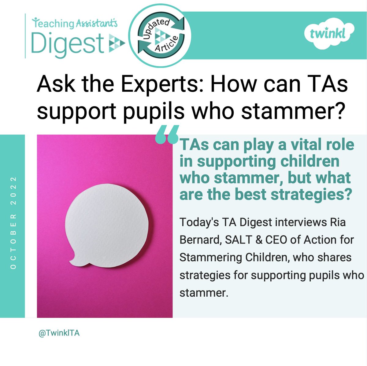 TwinklTA's tweet photo. Tomorrow is International Stammering Awareness Day. #TADigest liaised with Ria Bernard of @ascstammering who shares top tips for TAs, LSAs & HLTAs supporting pupils who stammer in today's video article:
https://t.co/yXJpJtiaIA
#stammaring #TAtips https://t.co/BFhpwjU6dr