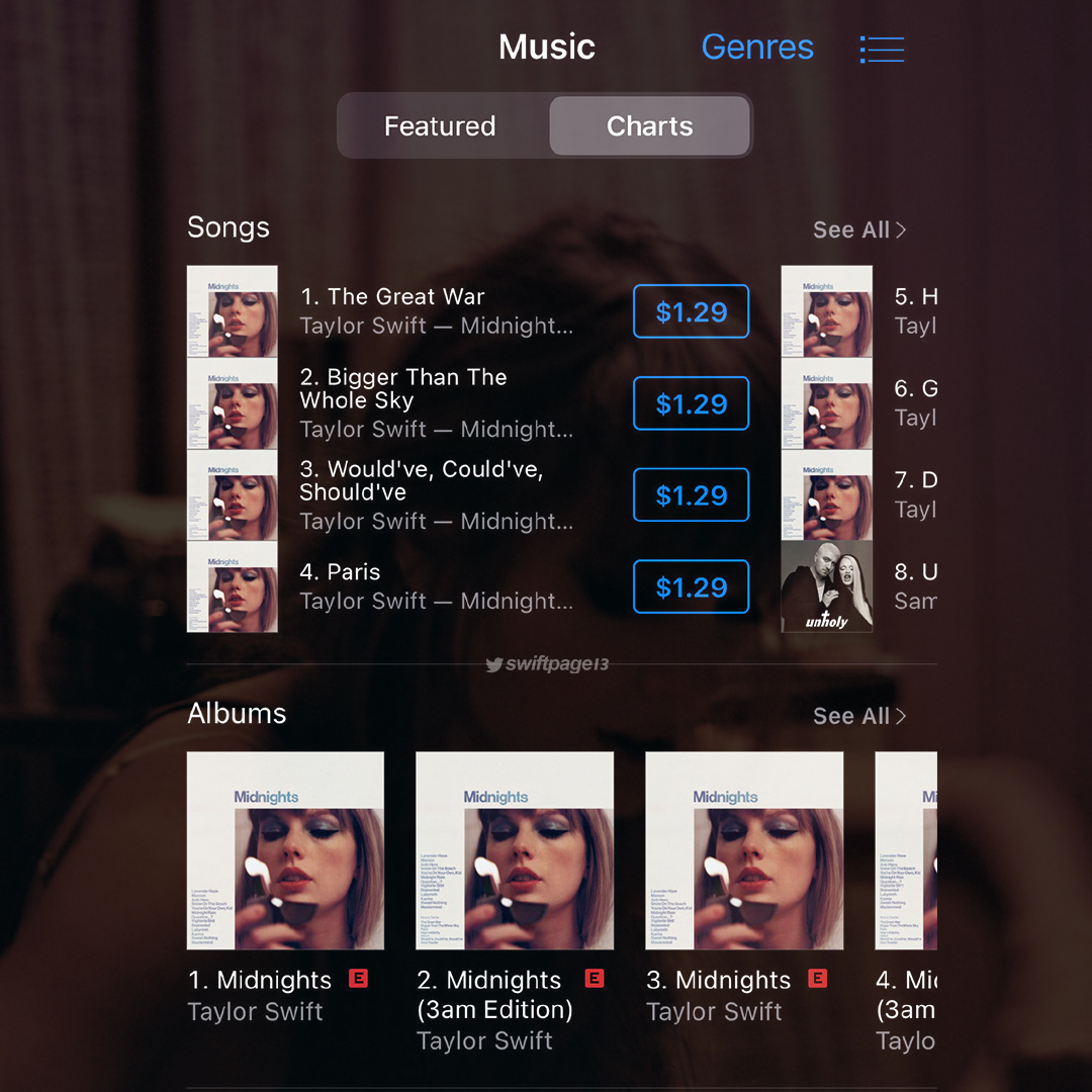 swiftpage13's tweet photo. 🇺🇸@taylorswift13 occupied both Top 4 positions and Top7 positions on USA iTunes Album Chart and Song Chart!!! https://t.co/8hqgT5Wo5x