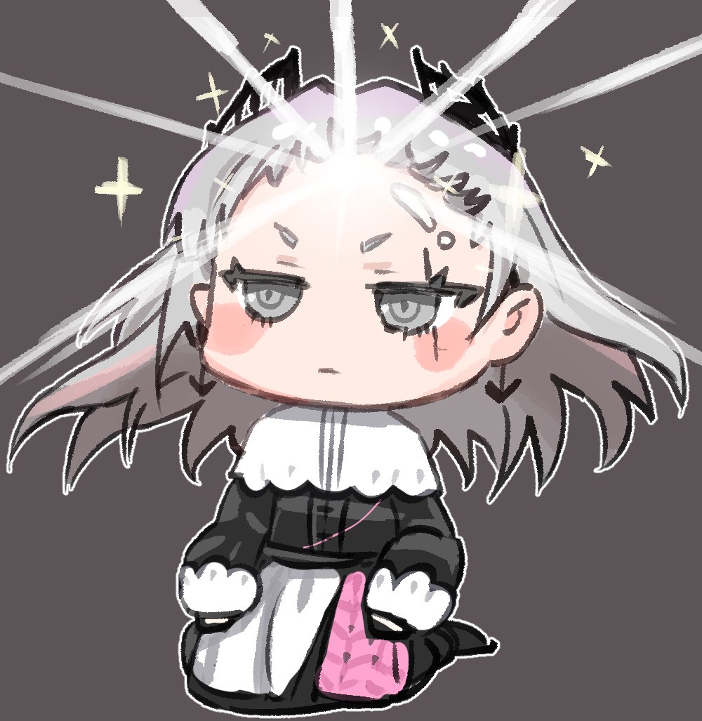 irene (arknights) 1girl solo grey eyes chibi grey hair simple background scar  illustration images