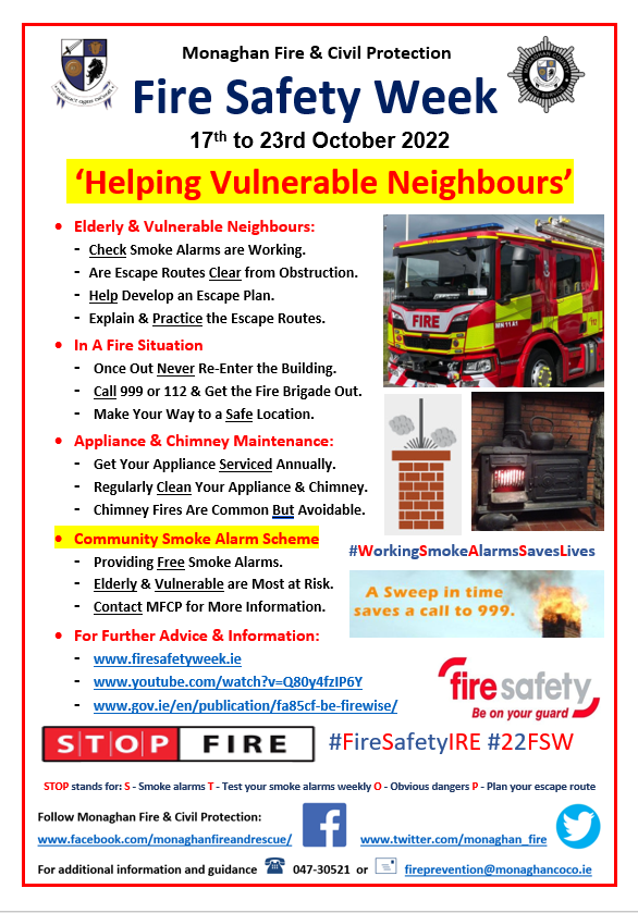 Important message from Monaghan Fire & Rescue #FireSafety 🔥❗ See details attached. Link to more: monaghan.ie/firebuildingco… #FireSafetyWeek2022 #YourCouncil #Monaghan #WayOutWednesday
