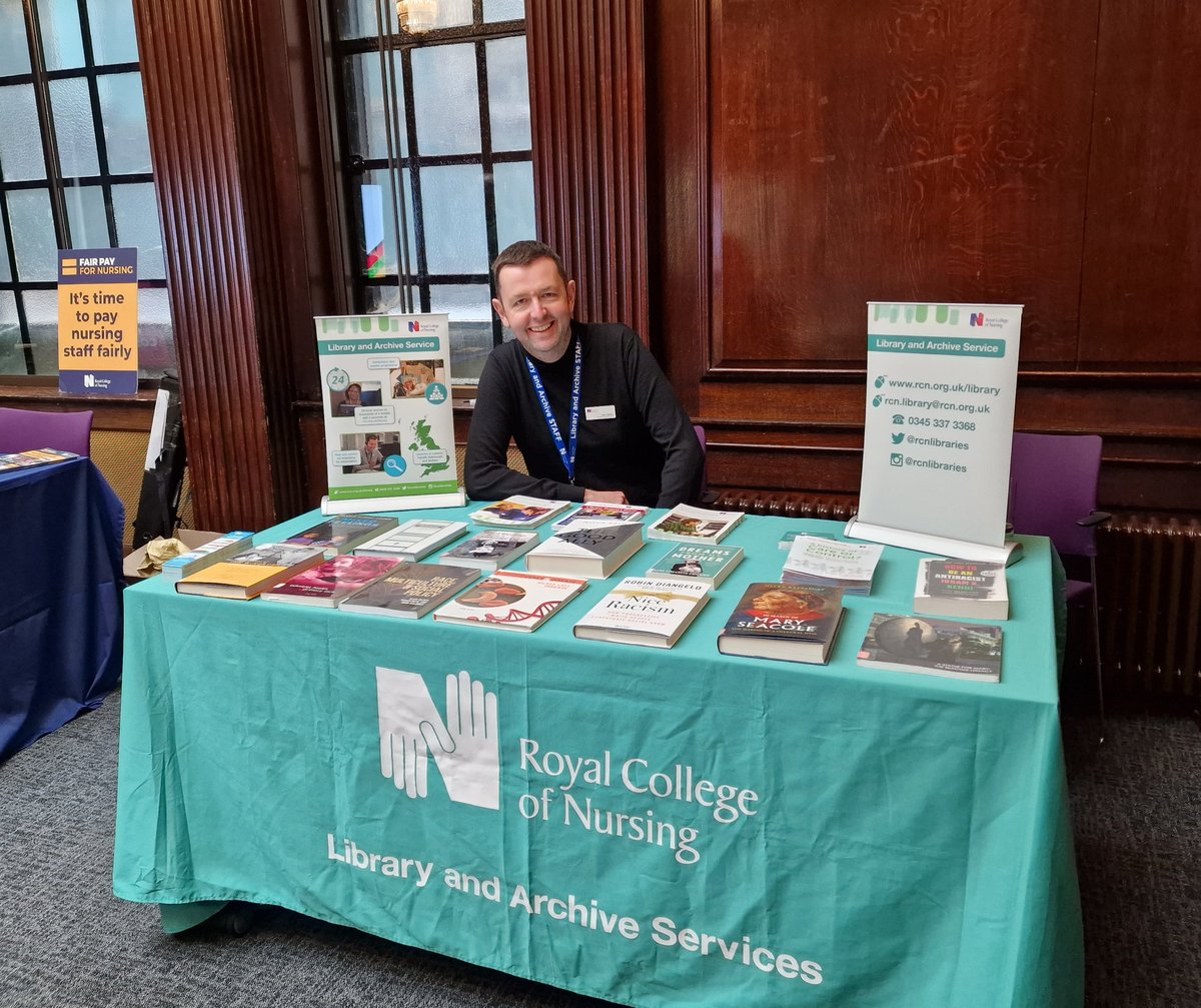 RCNLibraries's tweet photo. We're here @RCNLondon's #RCNBHM2023 event today. Come and see us to explore books on intersectionality, EDI, #HistNursing and more. We're next to the #FairPayForNursing stand where you can grab some free campaign goodies too ✊🏽 https://t.co/X10hmAprS0