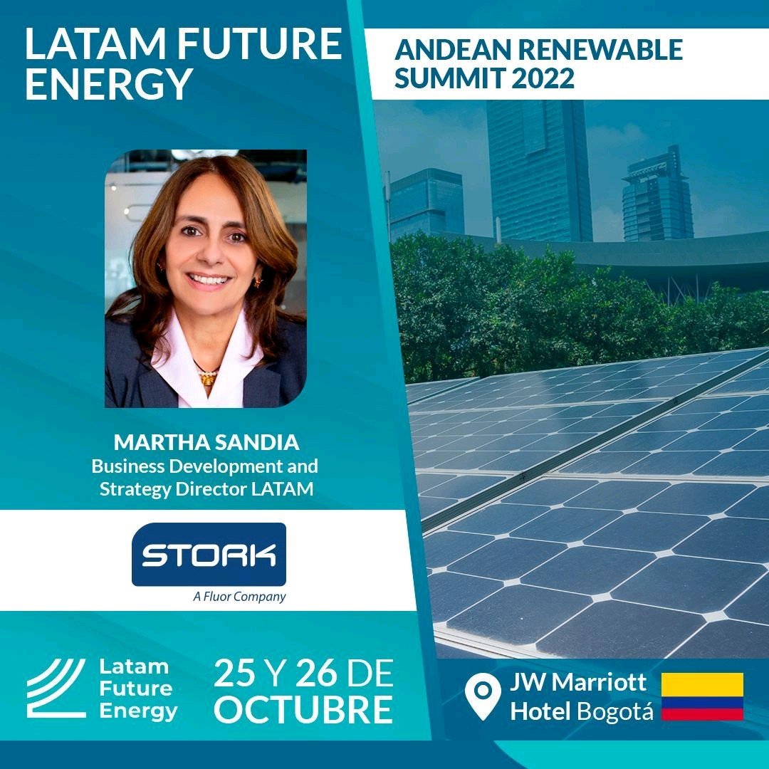 Nos complace anunciarle Martha Sandia, Business Development and Strategy Director LATAM en Stork, a Fluor company, participará en el Latam Future Energy Andean Renewable Summit 2022. 📌 25 y 26 de octubre 📍JW Marriot de Bogotá,Colombia 🎟️ Entradas: bit.ly/3SuNAiX