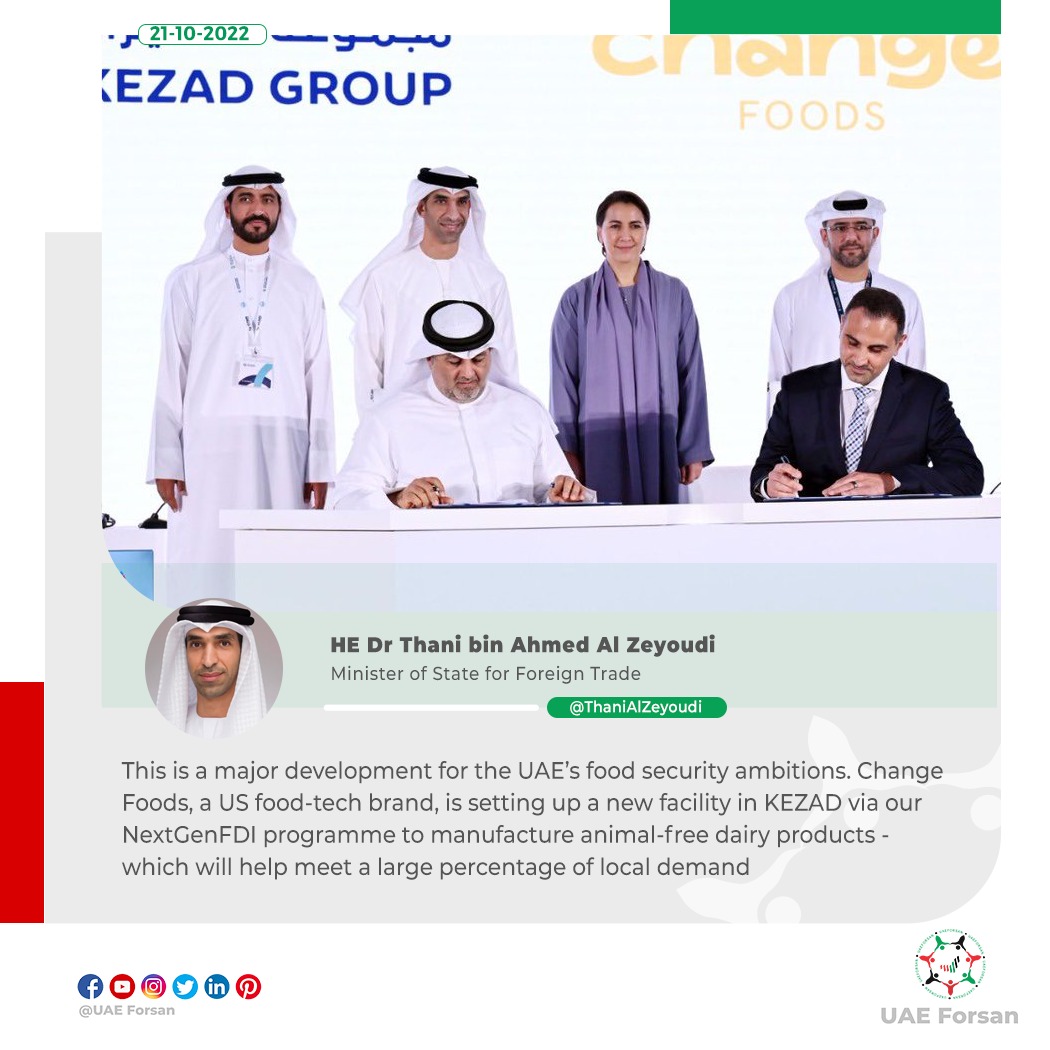 UAE_Forsan's tweet photo. HE Dr Thani bin Ahmed Al Zeyoudi: This is a major development for the #UAE’s food security ambitions. Change Foods, a #US food-tech brand, is setting up a new facility in #KEZAD via our #NextGenFDI programme 
#WUWMAbuDhabi 
@ThaniAlZeyoudi 
@change_foods
@kezadgroup 
@WUWMarkets https://t.co/riKKs0Qn4M