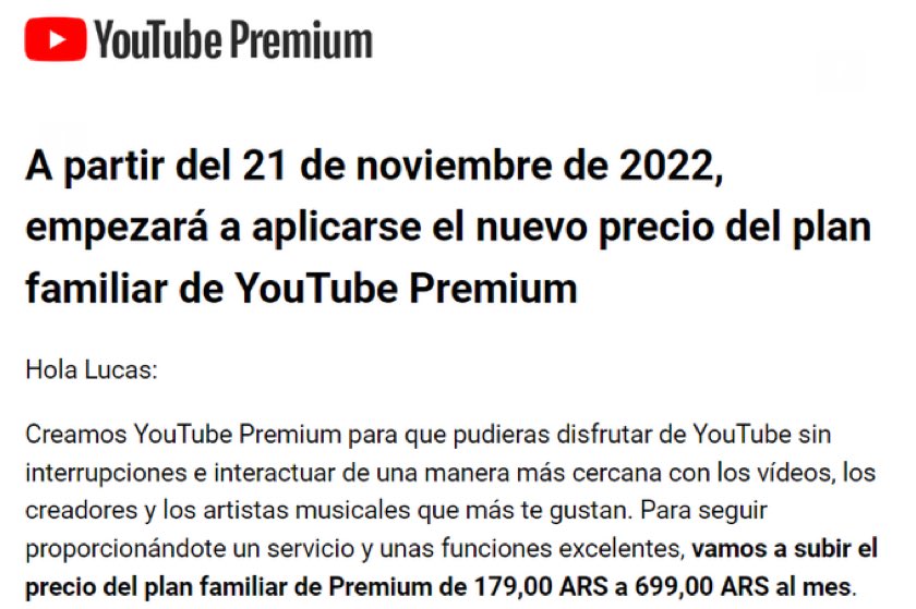 fmorenoFM's tweet photo. @YouTube aumentó su abono Premium un 300%. El plan familiar pasó de $179 a $699…(?!) Obviamente ya le di de baja #YouTube #premium https://t.co/LCT8uQgs6C