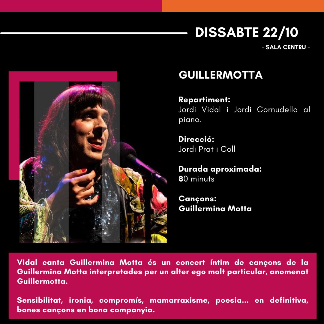 #TMC_ElCentru acollirà aquest cap de setmana la representació de Guillermotta, un tribut a Guillermina Motta ple de sensibilitat, ironia, compromís, mamarraxisme, poesia. En definitiva, bones cançons en bona companyia

📅 22 d'octubre
🕥 20:30h

Entrades: entrapolis.com/entradas/guill…