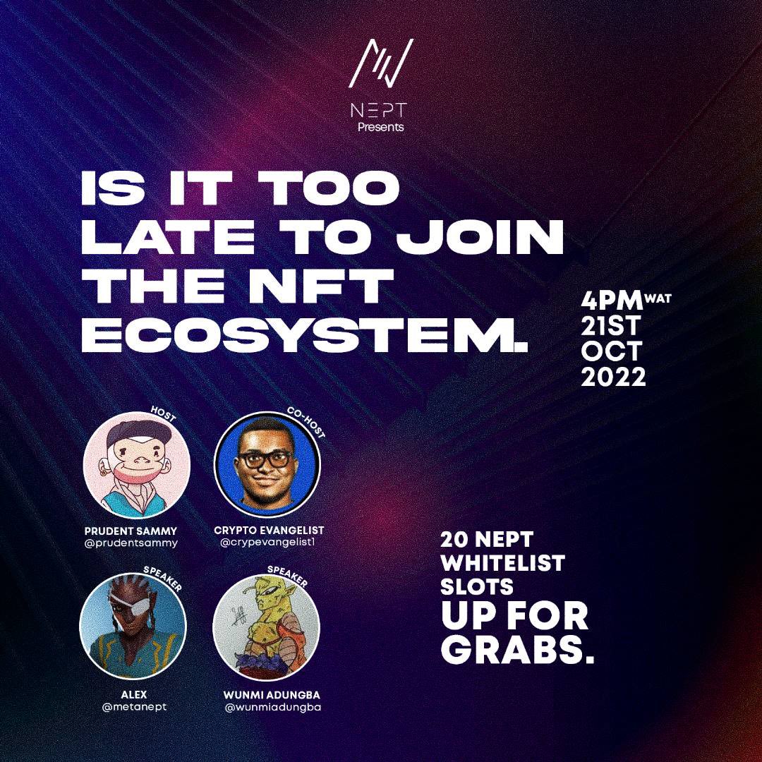 MetaNept's tweet photo. It's never too late to join the MetaNept Ecosystem 💥

What will MetaNept bring to the Metaverse? It's for you to find out. 

Get answers to these questions and more at our official AMA LATER!

Join our Twitter space ➡️
 https://t.co/lQ2U6wZsub

#TwitterSpace #AMA #Metaverse #NFT https://t.co/rKzr2VtXXl