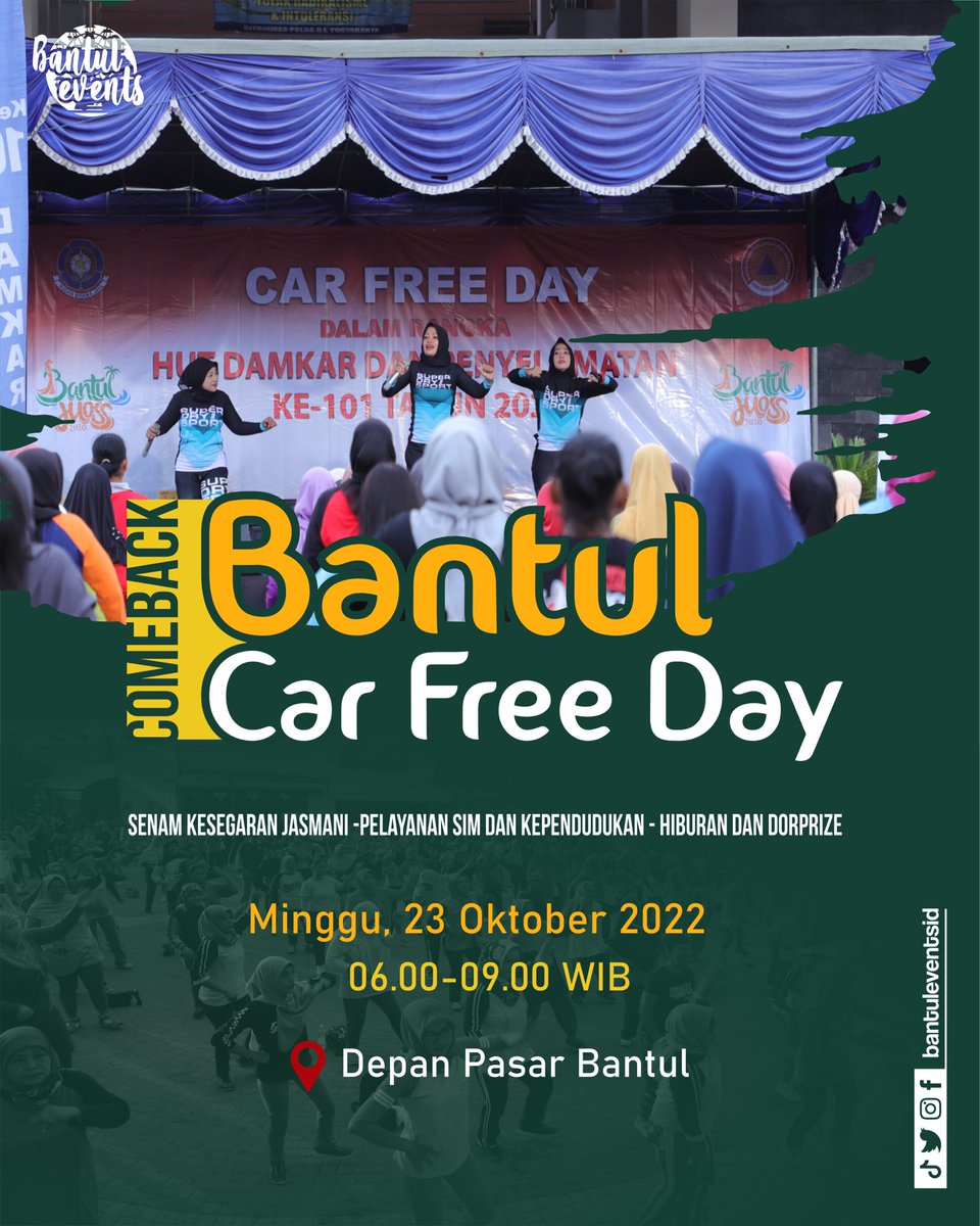 bantuleventsid's tweet photo. Halooo Eventers!
Agenda akhir pekan kemana nih?
Setelah Libur 2 tahun akhirnya ada Car Free Day Bantul lagi nih. Acaranya juga GRATISSS!!!
Tunggu apa lagi, gabung yukk hari minggu di Depan Pasar Bantul pukul 6 pagi ya lurs!
#BantulEvents #VisitBantul #CarFreeDay https://t.co/L5BAQGtjlw