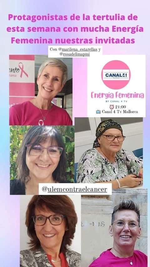 Hoy, la asociación #UnLazoenMovimiento estará en el programa Energía Femenina del Canal4 TV de Mallorca dirigido por Marilena Estarellas #Canal4TVMallorca #CancerDeMama

m.facebook.com/story.php?stor…