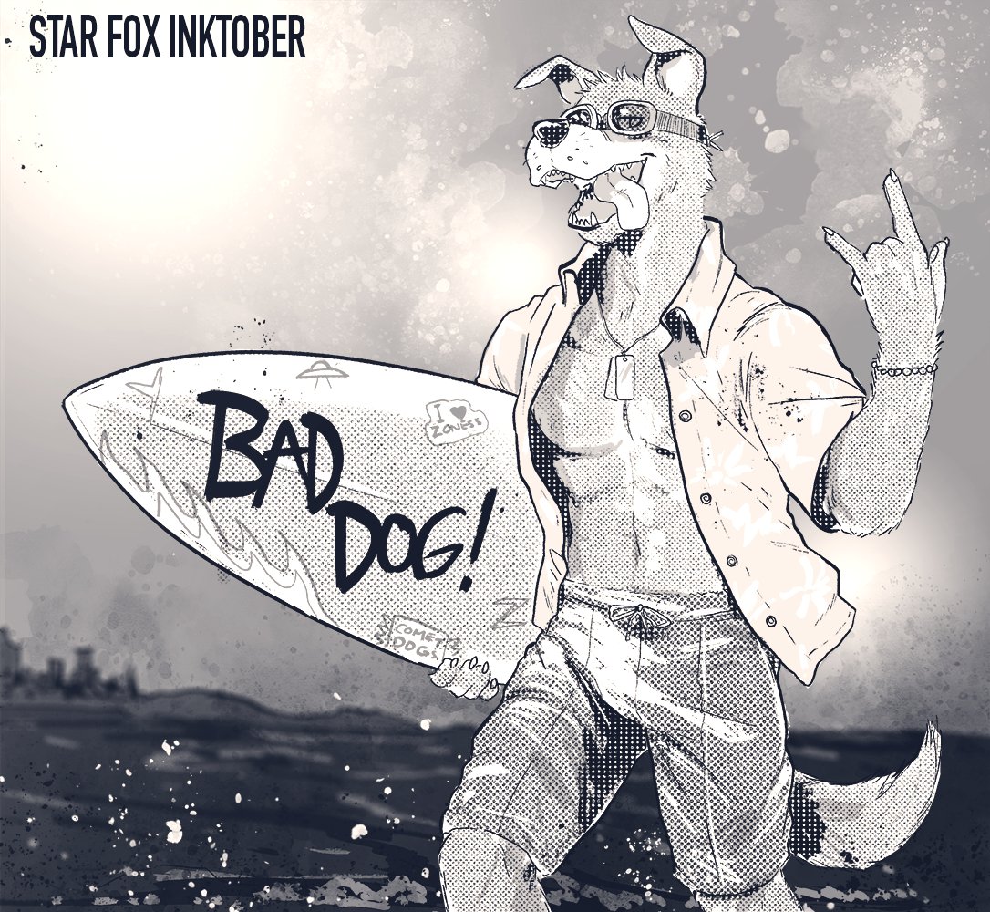 Star Fox Inktober 2022 - Bad Dog Bill honestly thought the board said 'Rad Dog' when he bought it. It still rocks though