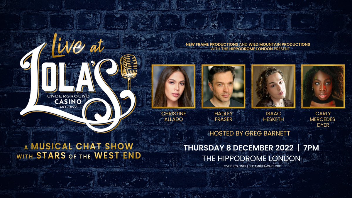 NewFrameProds's tweet image. Look at this line-up! We are so excited for the launch of this new concert series @HippodromeLDN on 8 December with Christine Allado, Carly Mercedes Dyer, Hadley Fraser and Isaac Hesketh! 🎶🎙️

Tickets now on sale: eventbrite.co.uk/e/live-at-lola…