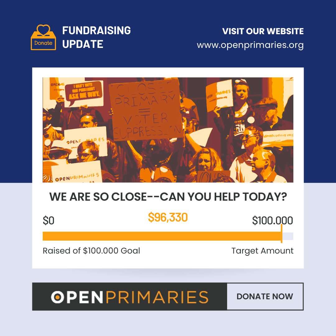 WE ARE SO CLOSE: We are only $3,670 away from hitting our fundraising goal! Today is the final day we have to hit our $100,000 target. Can you make a tax deductible donation RIGHT NOW to help get us there? …aries-openprimaries.nationbuilder.com/donate_to_opef