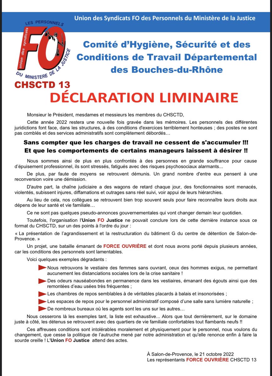 Déclaration liminaire des représentants de l'Union FO Justice au CHSCTS des Bouches-du-Rhône