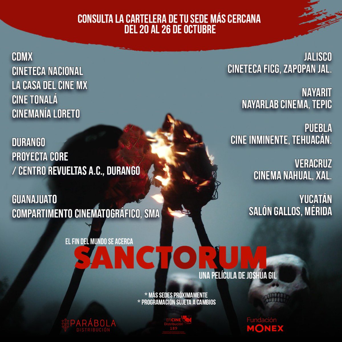 🙌 Sedes donde puedes disfrutar de #SANCTORUM 🔥 Estén pendientes porque más tarde les compartiremos 30 próximas sedes para que acudan al #cine a ver esta película 😉