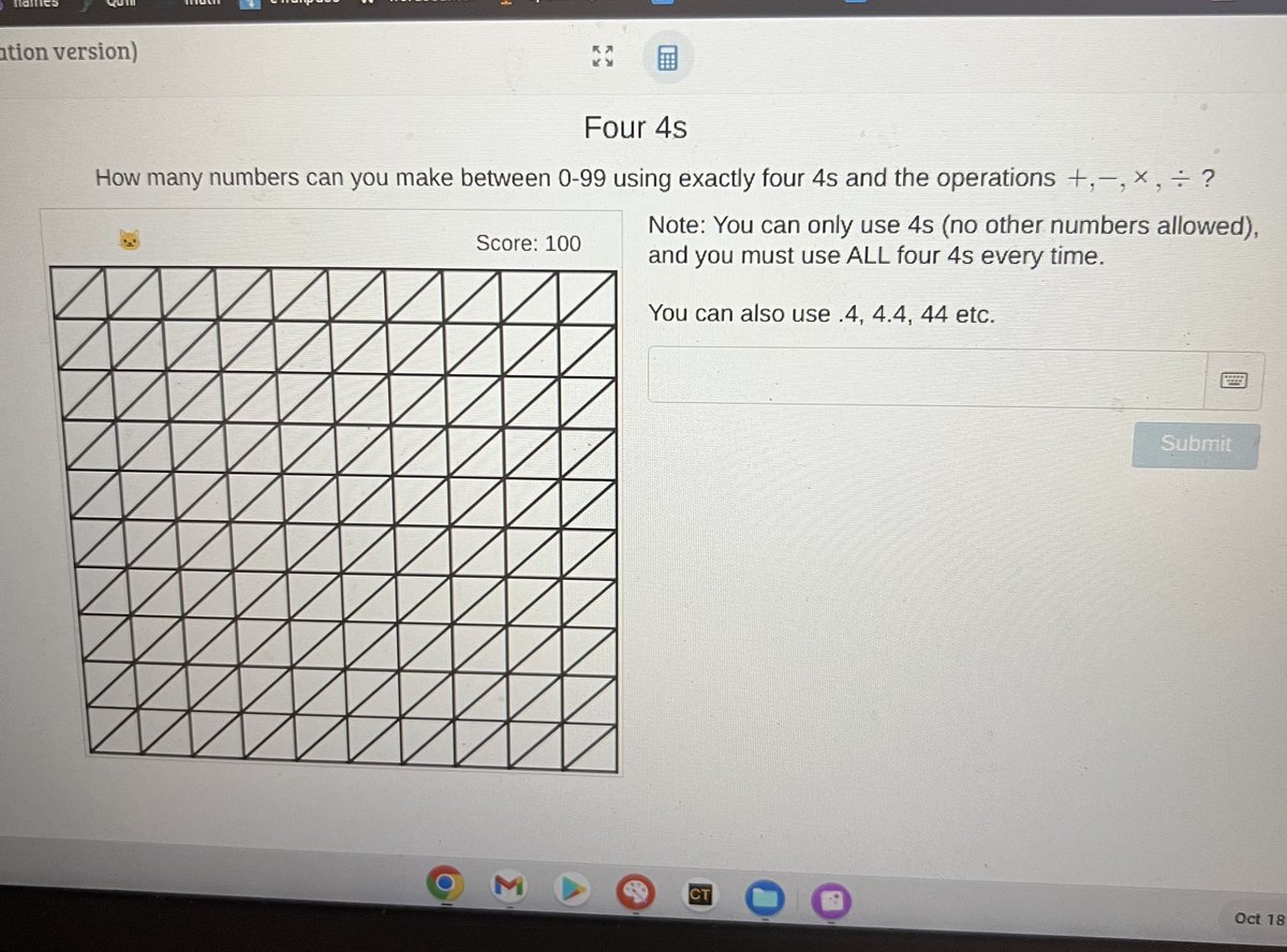 Totally impressed with one of our <a href="/BSHSBraves/">Bonner Springs High School</a> students.  On the 2nd day of school, I assigned a cooperative <a href="/Desmos/">Desmos</a> activity for my class to try as many of <a href="/joboaler/">Jo Boaler</a> 's Four 4s Task and today one of my Algebra 2 kids showed me her completed chart!!  #MathIsFun