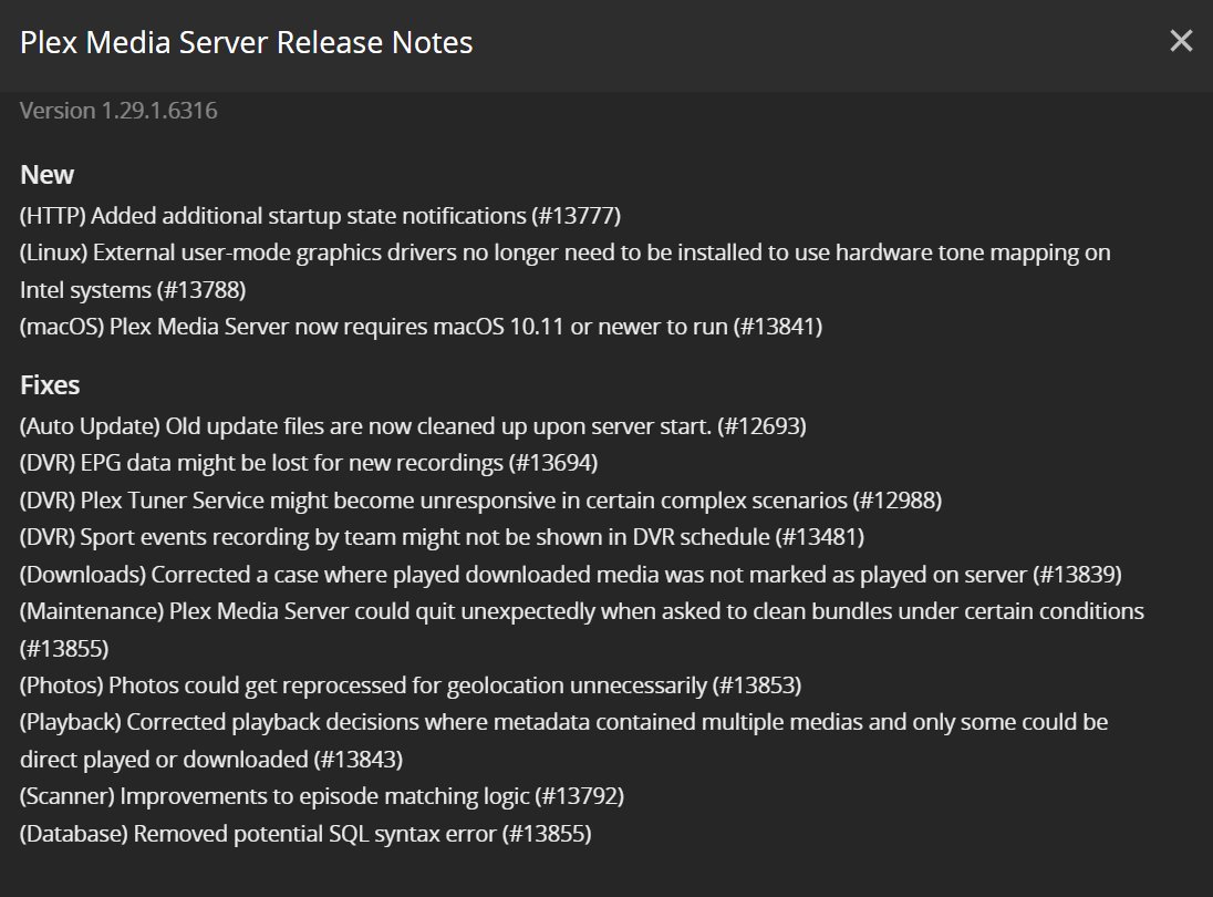 sm4kxd's tweet photo. Props to @plex for delivering actual patch notes without resorting to "various bug fixes." This is how all software vendors should communicate.

(Also thanks for fixing the sports team DVR issue) https://t.co/gdL0O9Xuaq