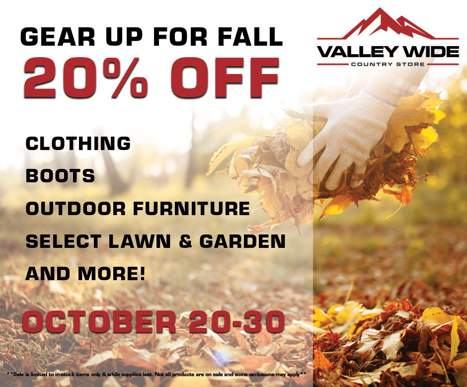 #valleywidecountrystore has huge savings of up to 20% on all clothing, boots, and accessories from your favorite name brands! Plus, finish up those #fall projects with savings on garden tools, bagged goods, #fertilizer, and much more! shop.valleywidecoop.com/promos
#fallsale