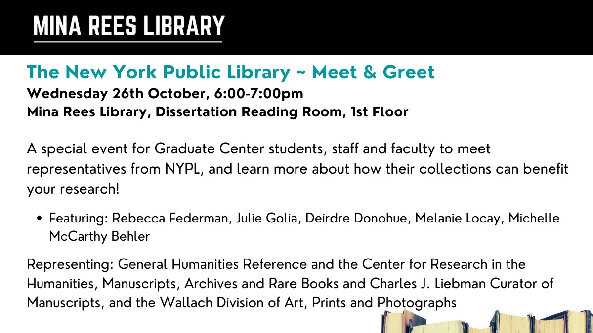 Mina Rees Library | CUNY Graduate Center (@cunygclibrary) on Twitter photo NYPL has an amazing archival collection as well as robust research services at your disposal. This Wed, we have experts joining us to tell us more. Register! bit.ly/CUNYNYPL
<a href="/HistoryGc/">CUNY GC History</a> <a href="/GradCenterPsych/">GC CUNY Psychology</a> <a href="/HistoryGc/">CUNY GC History</a> <a href="/WritingCenterGC/">GC Writing Center</a> <a href="/GC_LAILAC/">Latin American, Iberian & Latino Cultures (LAILAC)</a> <a href="/GCCenterWomen/">Center for the Study of Women and Society</a> <a href="/GC4French/">GC French</a> NYPL has an amazing archival collection as well as robust research services at your disposal. This Wed, we have experts joining us to tell us more. Register! bit.ly/CUNYNYPL
<a href="/HistoryGc/">CUNY GC History</a> <a href="/GradCenterPsych/">GC CUNY Psychology</a> <a href="/HistoryGc/">CUNY GC History</a> <a href="/WritingCenterGC/">GC Writing Center</a> <a href="/GC_LAILAC/">Latin American, Iberian & Latino Cultures (LAILAC)</a> <a href="/GCCenterWomen/">Center for the Study of Women and Society</a> <a href="/GC4French/">GC French</a>