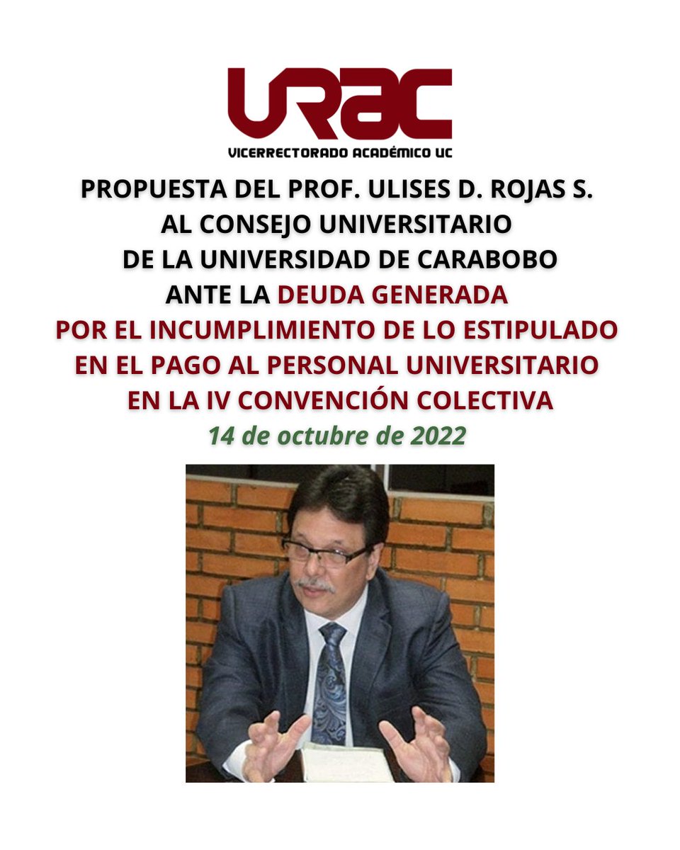 viceacademicouc's tweet photo. PROPUESTA DEL PROF. @UlisesRojasUC AL CONSEJO UNIVERSITARIO ANTE DEUDA GENERADA POR INCUMPLIMIENTO DE LO ESTIPULADO EN EL PAGO AL PERSONAL DE LA @UCarabobo EN LA IV CONVENCIÓN COLECTIVA https://t.co/C6zWge499k

VERSIÓN DESCARGABLE https://t.co/fDPDW4IPvc https://t.co/aByalVK79w