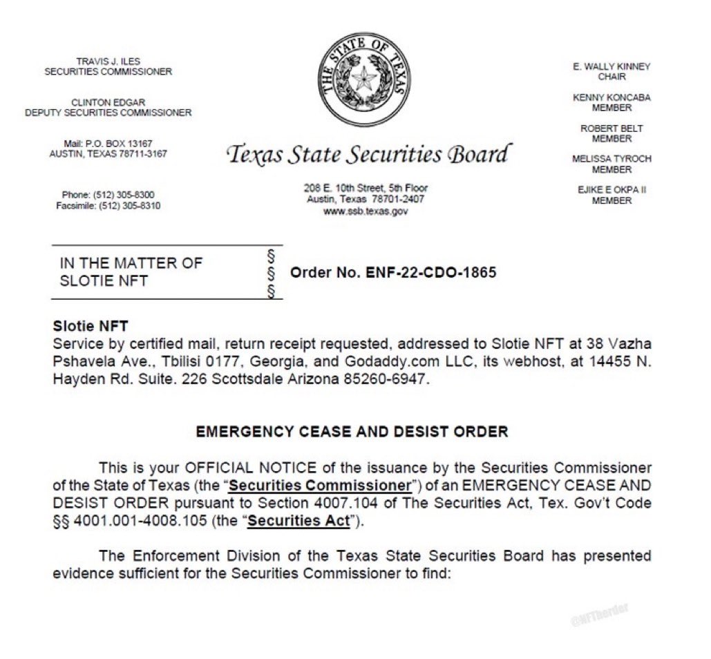 DegenerateNews's tweet image. BREAKING: @SlotieNft IS REPORTEDLY SUBJECT TO ENFORCEMENT CHARGES BY STATE SECURITIES REGULATORS CLAIMING PROJECT IS ENGAGED IN FRAUD BY SELLING SECURITIZED NFTS