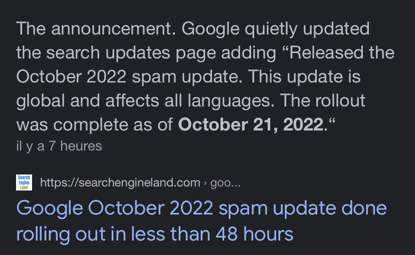 alekseo's tweet image. Tiens, c’était rapide cette fois-ci 🧐 Google October #SpamUpdate 100% déployé sur toutes les langues #SEO