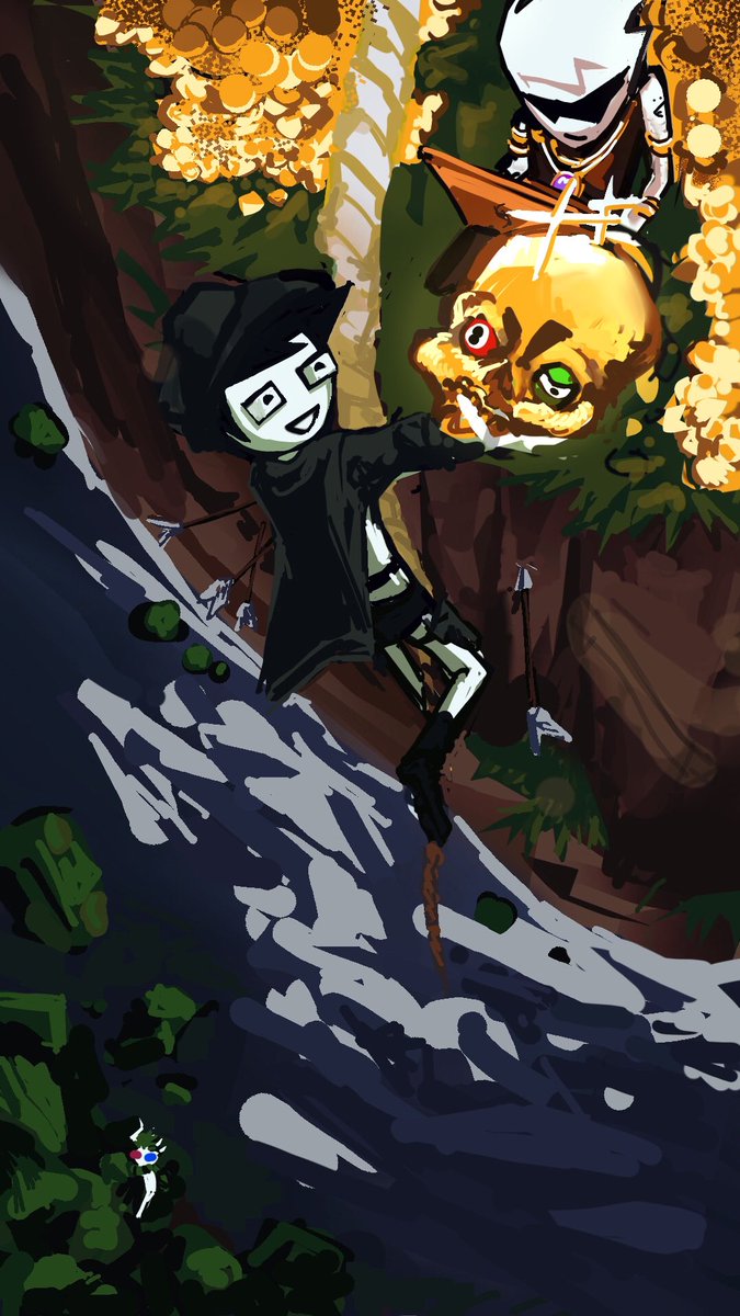 <a href="/HSanthologies/">HS Anthologies</a> trickster treats zine is out! theres a lot of amazing art from a bunch of awesome artists so go check it out🏃💨

i drew a lockscreen wallpaper thats supposed to be upside-down so it looks like jake's hanging from the charging port wkwkw
#homestuck