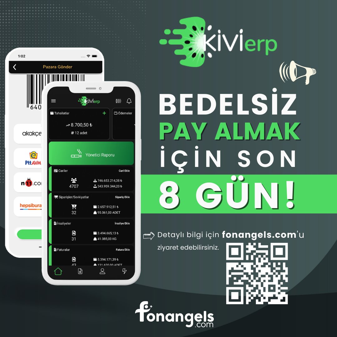 Çevrim içi ticaretin meyvesi <a href="/KiviErp/">Kivi e-Dönüşüm</a>'nin bedelsiz pay hediye kampanyası için son 8 gün ✨

Detaylı bilgi ve yatırım yapmak için fonangels.com'u ziyaret edebilirsiniz.

#fonangels #kivierp #kampanya #erpçözümleri #eticaret #üretim #girişimcilik #yatırımcı #kitlefonlama