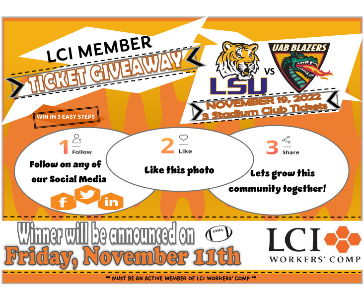 LCIWorkersComp's tweet photo. LCI is giving away 3 STADIUM CLUB TICKETS to LSU vs UAB on Saturday, 11/19/22.
To enter to win you must be an active LCI member &amp; follow these steps 
1. Follow us on social media 
2. Like this image 
3. Share original post
Winner drawn on Friday, 11/11/22. GOOD LUCK! https://t.co/lm2jE7c1e7