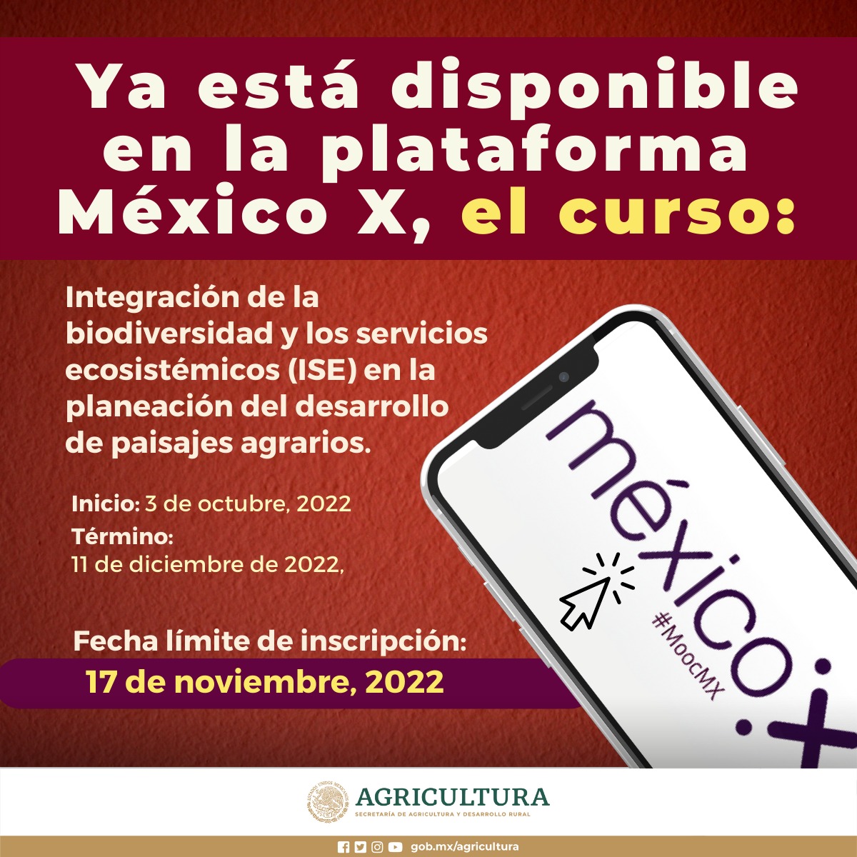 Agricultura_mex's tweet photo. Si buscas aprender sobre los elementos clave de una agricultura sostenible para la seguridad alimentaria y cómo promover ecosistemas saludables, mediante el funcionamiento de la biodiversidad, participa en el curso ISE:
Registro: https://t.co/wKXnwHrD1w https://t.co/mIUxQ4fn5O