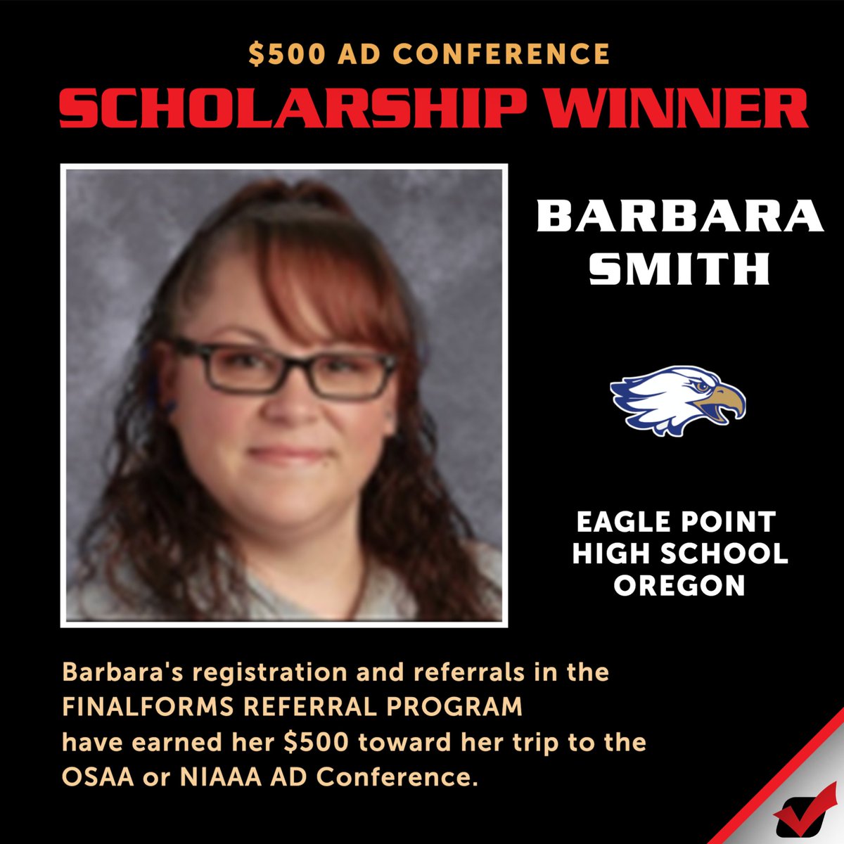 FinalForms's tweet photo. Congratulations to Barbara Smith @OfficialEPHS for earning $500.00 toward her trip to the @OregonADs or @NIAAA9100 #ADConf this year. 

Barbara did it by joining our referral program. 
 
What are you waiting for?  https://t.co/QNVJvOVVpO

#FinalForms @OSAASports https://t.co/Gr84eJ9bWT