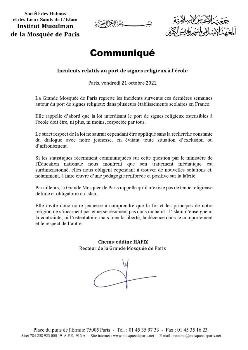 COMMUNIQUÉ - Récents incidents autour du port de #signes religieux à l’#école :

grandemosqueedeparis.fr/post/communiqu…
