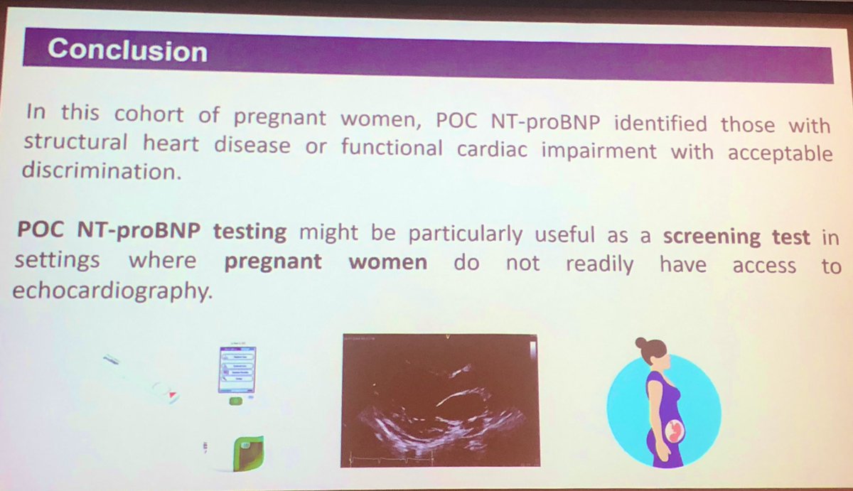AdeMarvao's tweet photo. Does point of care NT-proBNP predict presence of structural heart disease in pregnant women? @charleviljoen shows results of PREG-HF study. Might be useful as screening test in symptomatic pregnant women; threshold >200. #CPP2022 https://t.co/aLjyK9YXkL