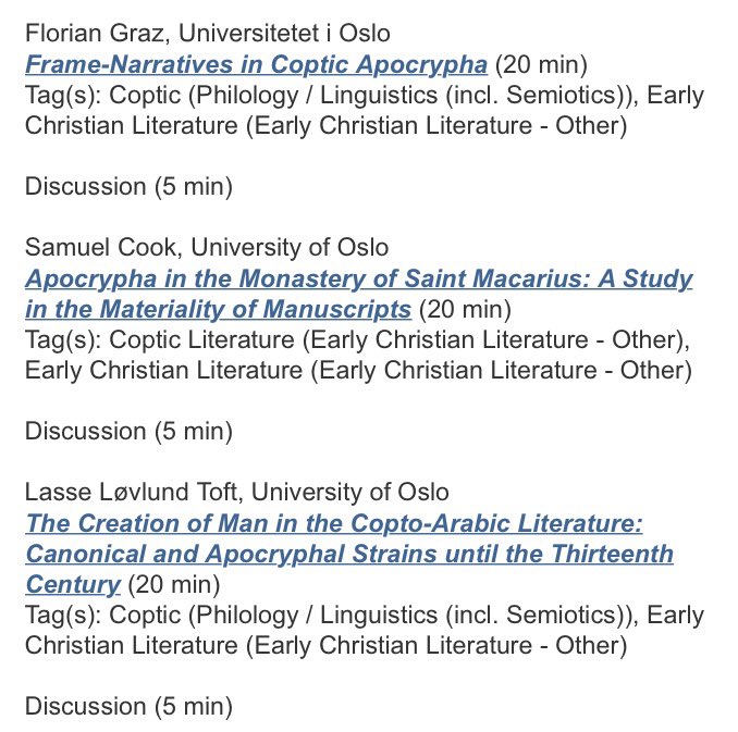 Our first joint session is with Nag Hammadi and Gnosticism, featuring the work of the <a href="/unioslo/">Universitetet i Oslo</a> APOCRYPHA project: <a href="/HLundhaug/">Hugo Lundhaug</a>, Roxanne Bélanger Sarrazin, Florian Graz, Samuel Cook, and Lasse Løvlund Toft.