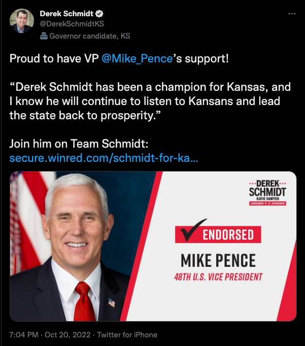 Mike Pence couldn’t ban abortion when he was Governor of Indiana, so now he’s trying in Kansas by campaigning for extremist Derek Schmidt. If you want to be like Mike Pence and take away reproductive rights, we DON’T want you in our governor’s mansion.