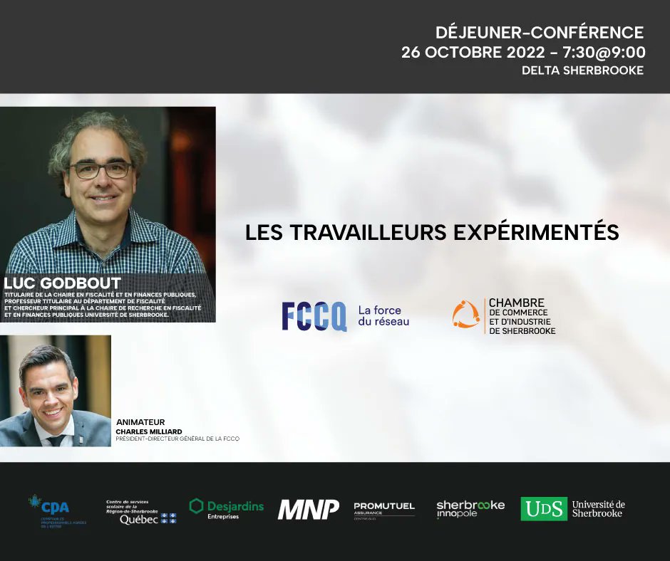 ccsherbrooke's tweet image. Il reste encore quelques places pour participer au Déjeuner-conférence de Luc Godbout qui aura lieu le 26 octobre au Delta Sherbrooke. Faites vite ! 
buff.ly/3e5jYJG