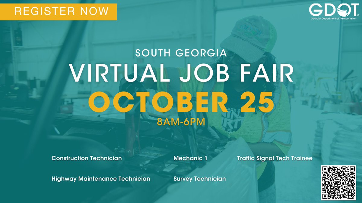 Calling all job seekers in South GA!  GDOT is partnering with Indeed.com to host a virtual job fair on 10/25 for Maintenance, Construction, Survey Technicians, Traffic Signal Trainees and Mechanics.  Register now at 
indeedhi.re/3EXr79Y

#ExperienceGDOT