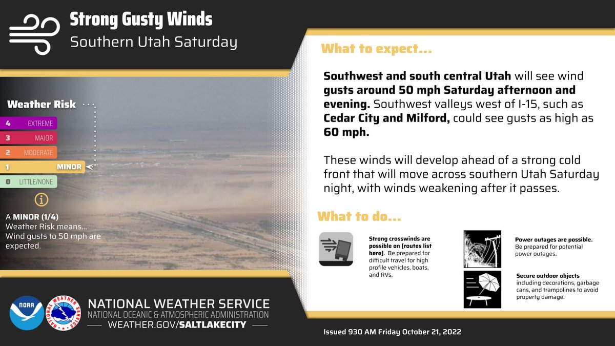 🌬️(1/3): Our storm arrives tomorrow, &amp; we are starting to refine the details on a plethora of impacts. Starting with the first impact: *wind*. Ahead of the cold front SW winds will increase across southern and western Utah where wind advisories &amp; high wind warnings are in place: