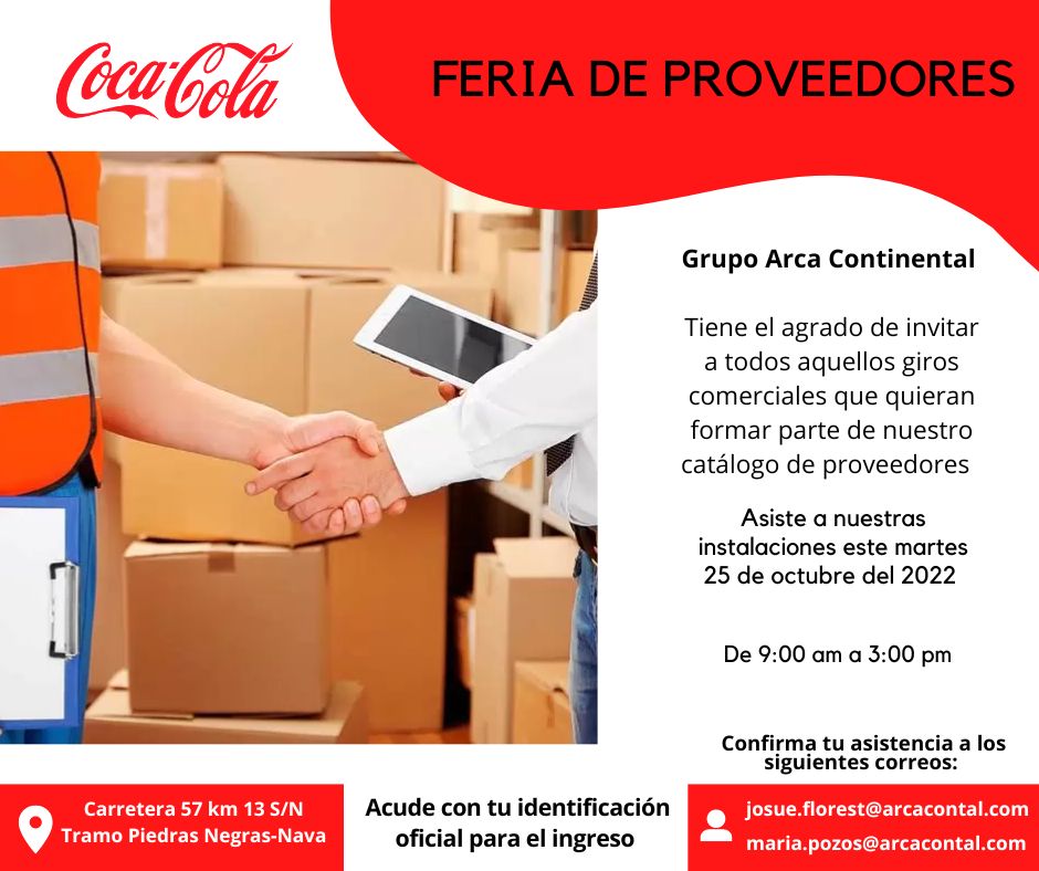 #CANACINTRA invita a sus afiliados a participar en la Feria de Proveedores de Grupo Arca Continental #cocacola en #PiedrasNegras

📆 25 de Octubre
⏰ 9:00 am - 3:00 pm
📍 Carretera 57 km 13 S/N Tramo Piedras Negras-Nava

Aprovecha esta oportunidad!