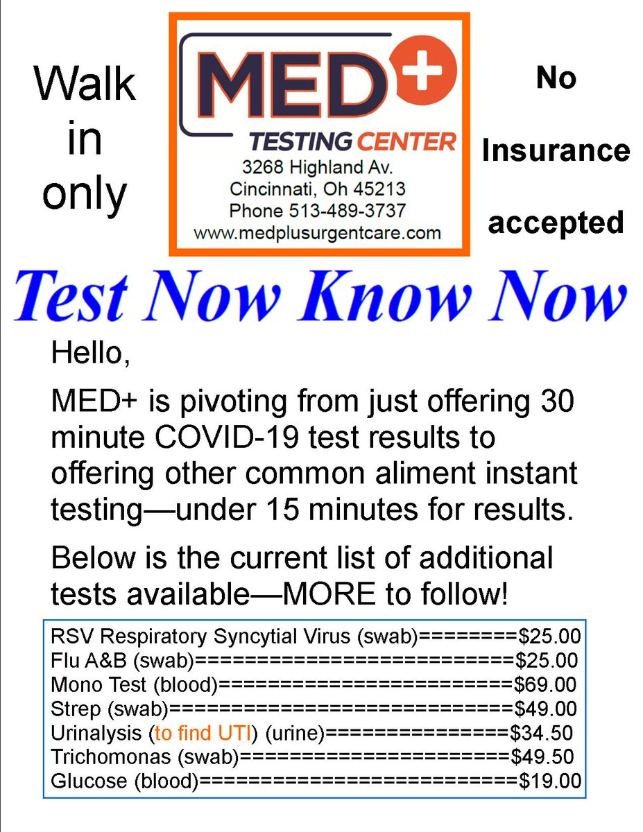 medplustesting's tweet image. MED+ Testing Center has NEW INSTANT TEST ADDED as we pivot away from COVID-19:) Walk in Only.
3288 Highland Av., Cinti., OH 45213. 513-489-3737